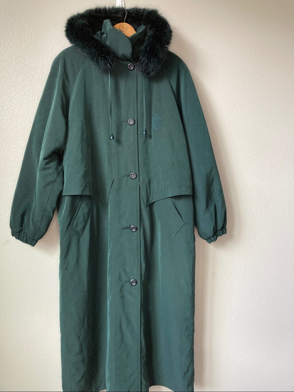 Vintage 90s Fox Fur trim hooded jacket coat forest Green cinchable waist sz 6